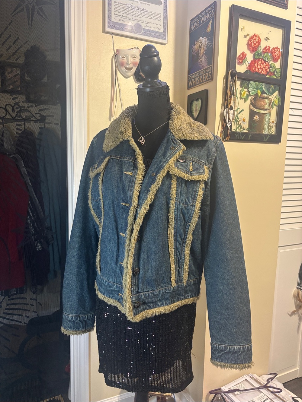 CoffeeShop Blue Denim Jacket with Cream Faux-Shearling Trim